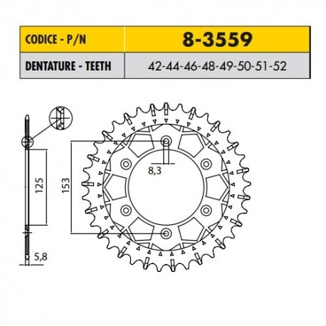 8-3559-44 - Corona in Acciaio Inox Works-Z - Lega in Acciaio Inox Sunstar passo 520 con 44 denti