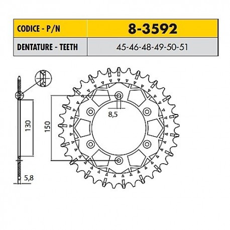 8-3592-45 - Corona in Acciaio Inox Works-Z - Lega in Acciaio Inox Sunstar passo 520 con 45 denti